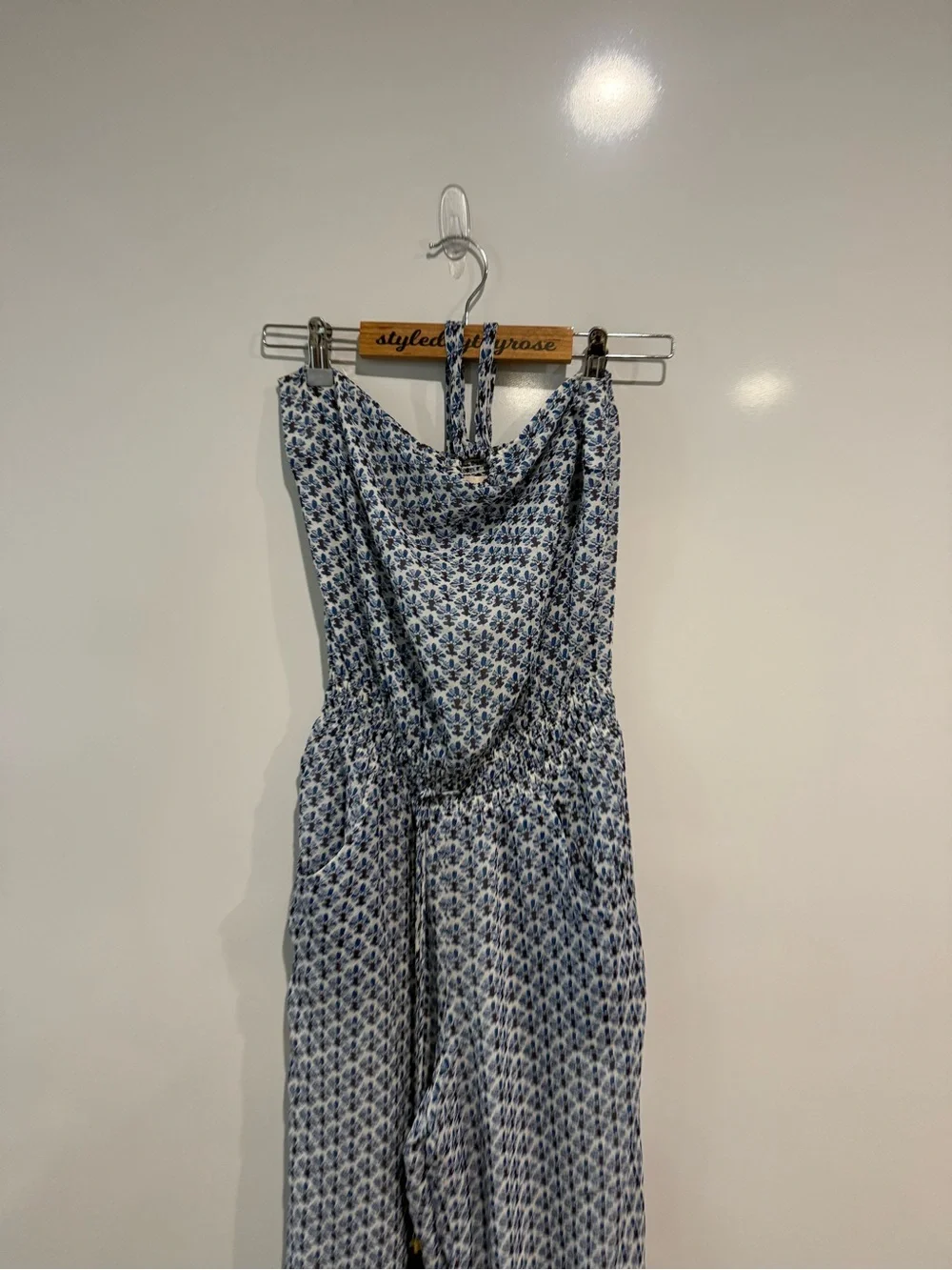 Tory Burch Silk Baja Blue Printed Halter Tassel Jumpsuit